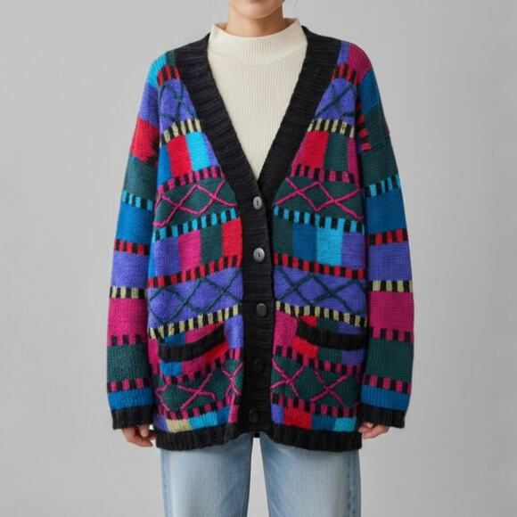 90s Abstract Slouchy Mohair Wool Cardigan Sweater Artsy Jewel Tone Fuzzy L Multi - Picture 2 of 10